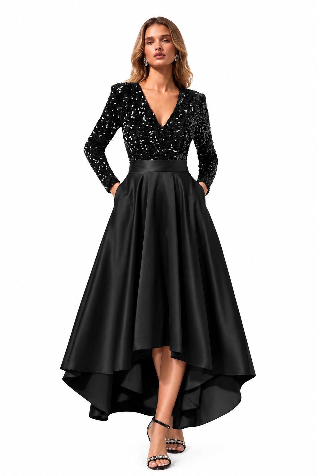 A-Line High-Low Satin Special Occasion Dress CS1106 - Black - COCOMELODY